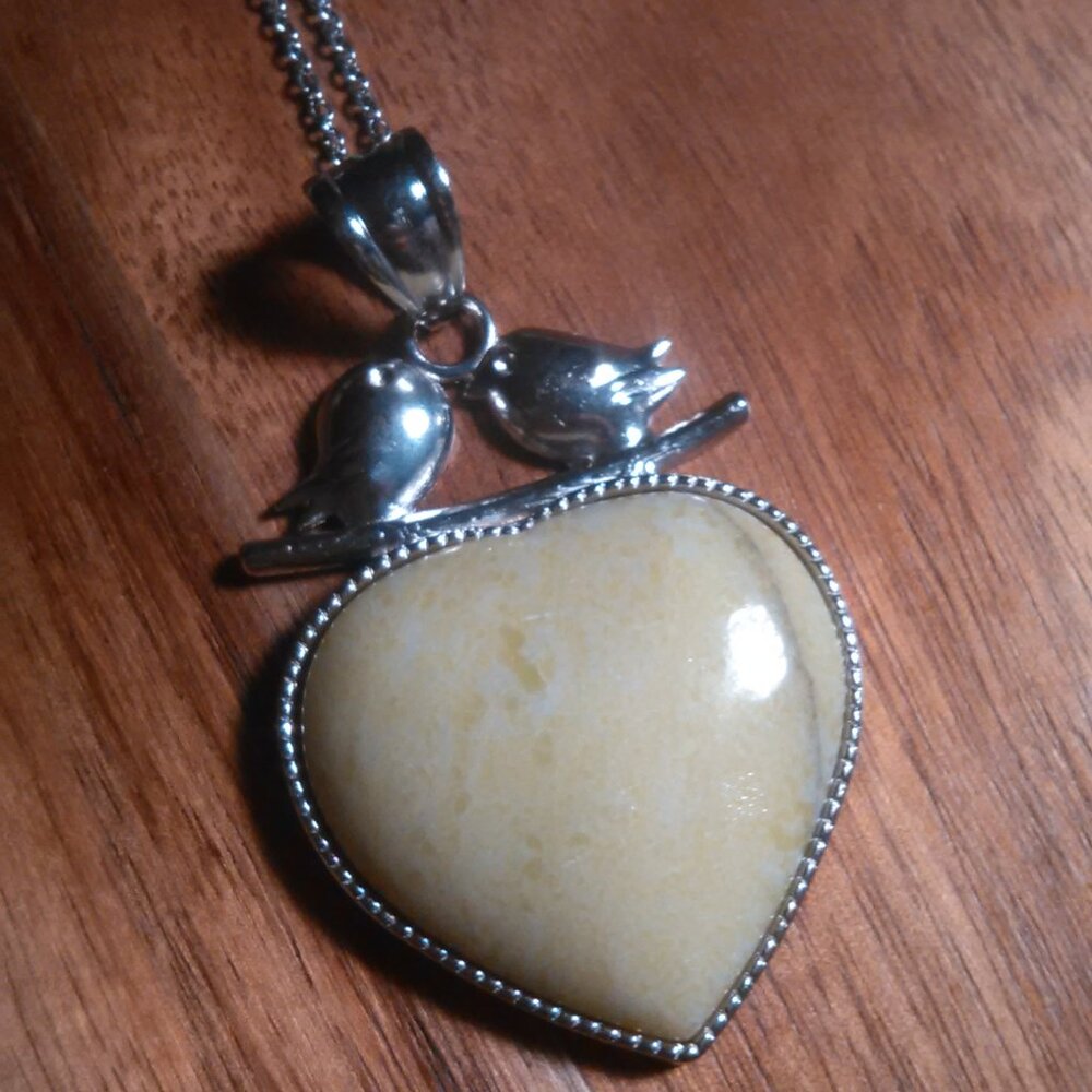 Lovebird Heart Jasper Silvertone Pendant Necklace